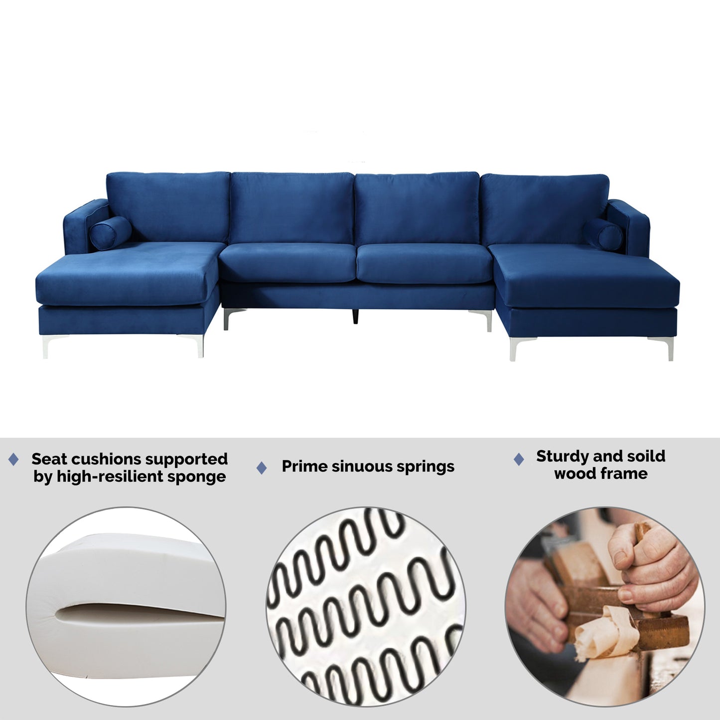 Sectional Sofa with Two Pillows, U-Shape Upholstered Couch with Modern Elegant Velvet for Living Room Apartment