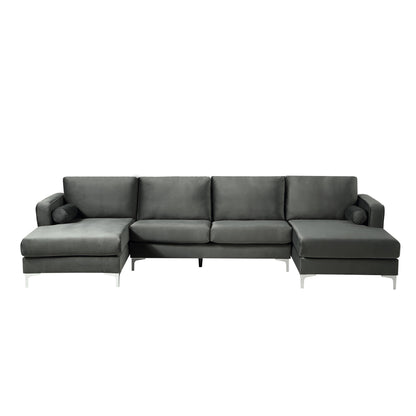 Sectional Sofa with Two Pillows, U-Shape Upholstered Couch with Modern Elegant Velvet for Living Room Apartment