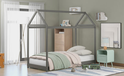Twin Size Wooden House Bed, Gray(New)