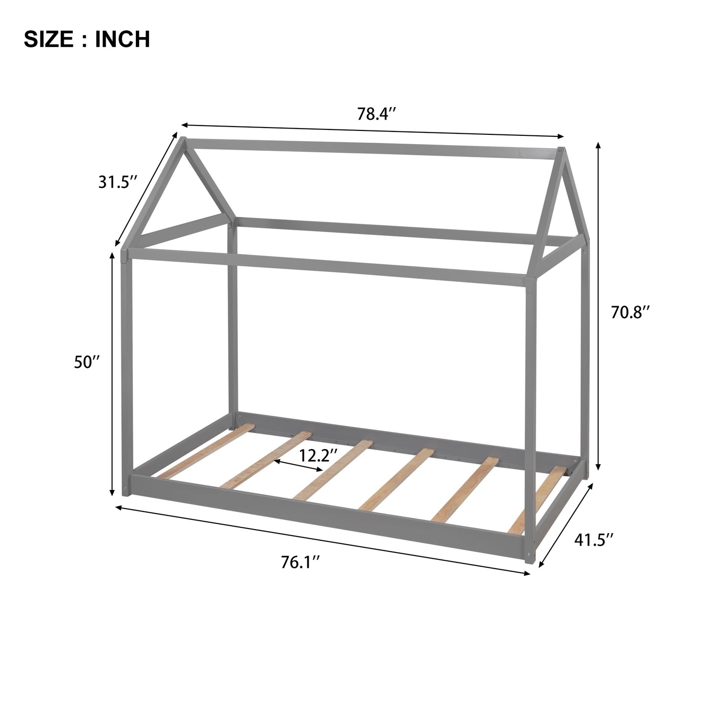 Twin Size Wooden House Bed, Gray(New)