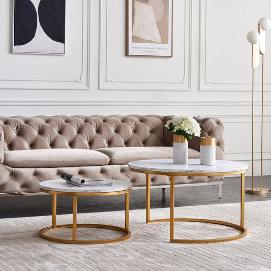 Modern Nesting coffee table,golden  metal frame with marble color top-31.5&