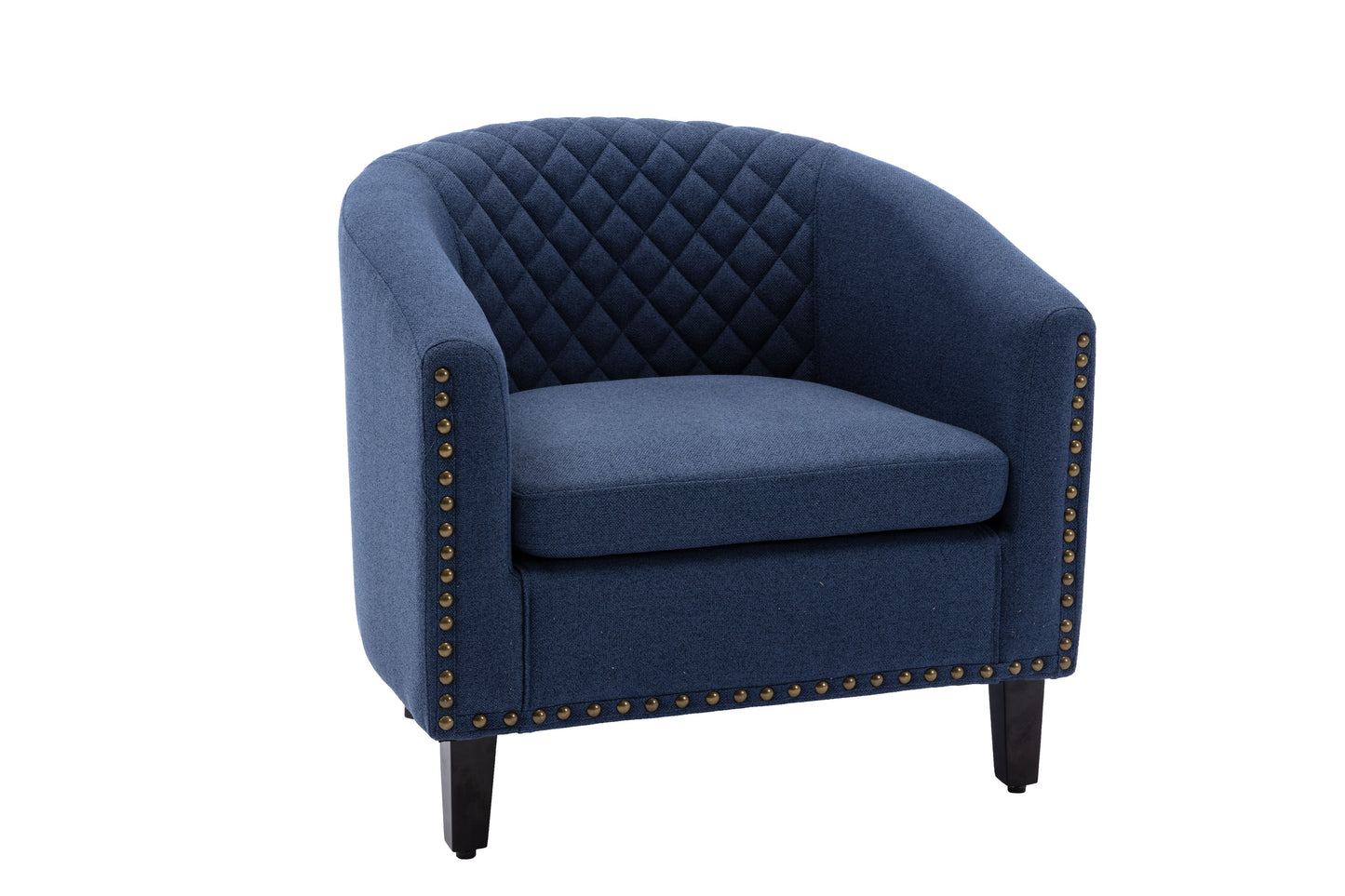 accent Barrel chair living room chair with nailheads and solid wood legs Black Navy  Linen