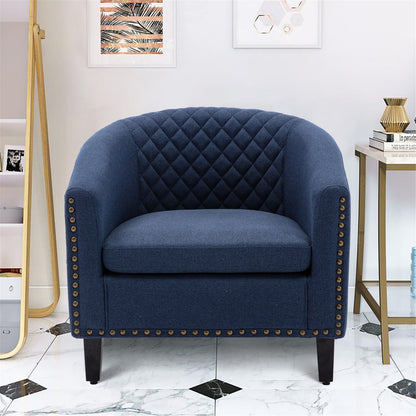 accent Barrel chair living room chair with nailheads and solid wood legs Black Navy  Linen