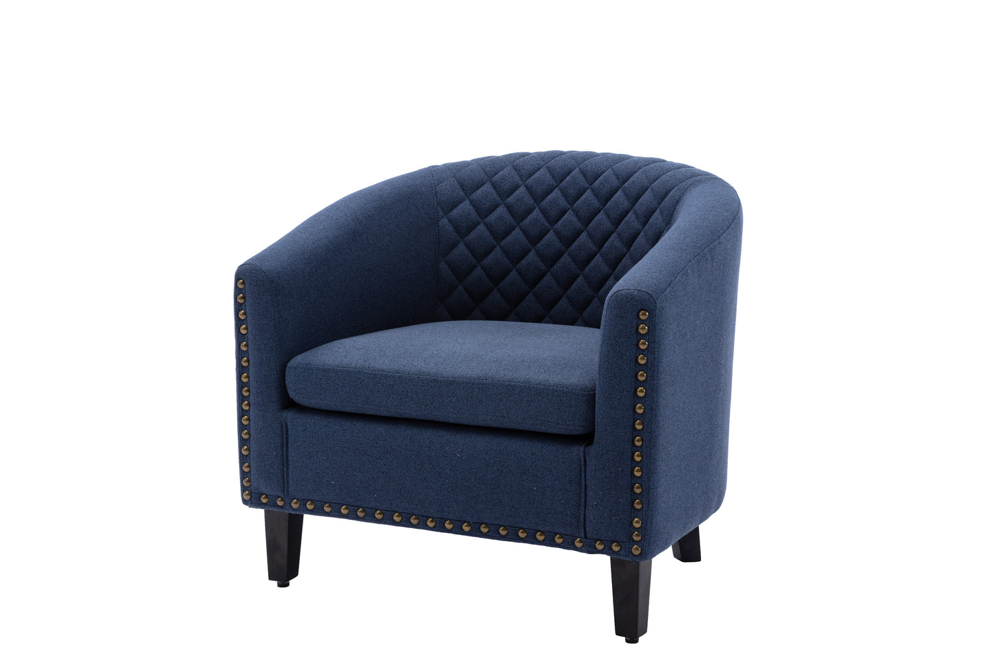 accent Barrel chair living room chair with nailheads and solid wood legs Black Navy  Linen