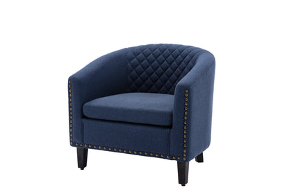 accent Barrel chair living room chair with nailheads and solid wood legs Black Navy  Linen