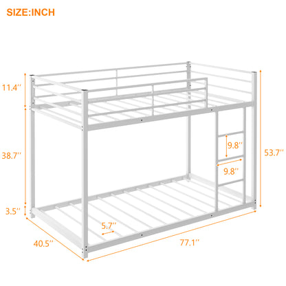 Twin over Twin Metal Bunk Bed, Low Bunk Bed with Ladder, White(New)