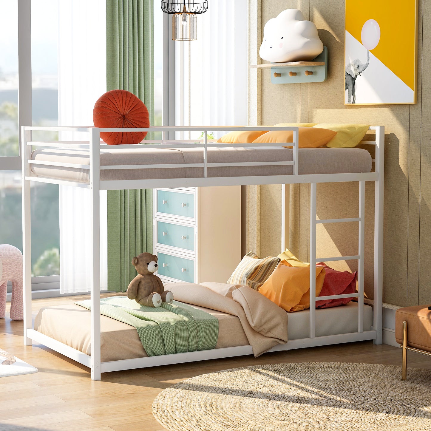 Twin over Twin Metal Bunk Bed, Low Bunk Bed with Ladder, White(New)