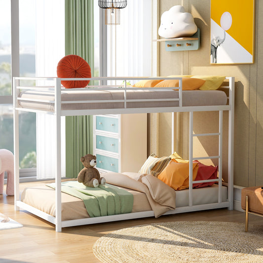 Twin over Twin Metal Bunk Bed, Low Bunk Bed with Ladder, White(New)