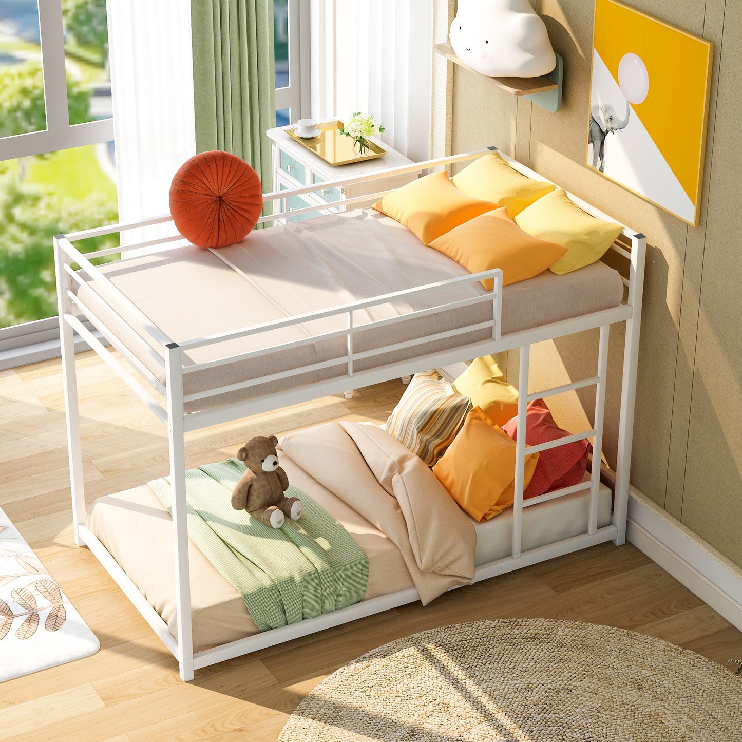 Twin over Twin Metal Bunk Bed, Low Bunk Bed with Ladder, White(New)