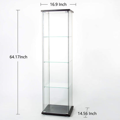 Glass Cabinet-b      Glass Display Cabinet 4 Shelves with Door, Floor Standing Curio Bookshelf for Living Room Bedroom Office, 64” x 17”x 14.5”, Black