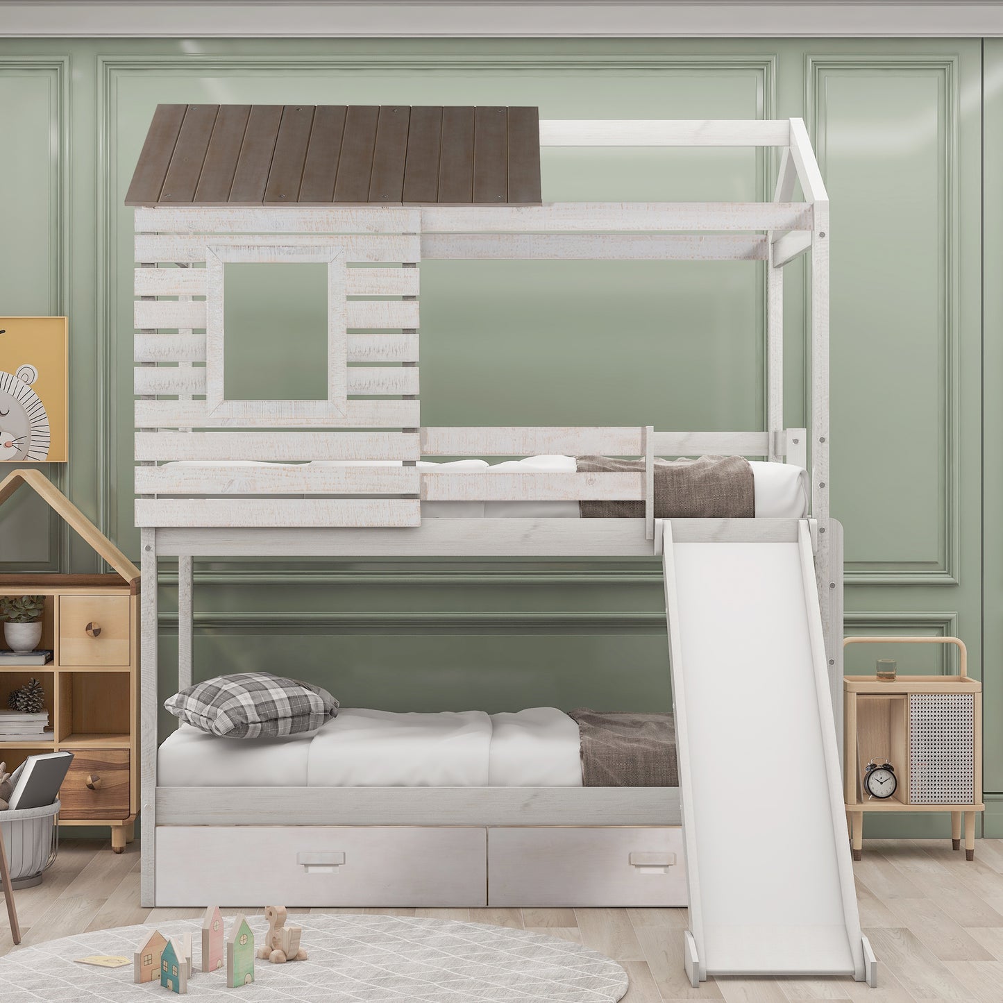 Twin Over Twin Bunk Bed with Two Storage Drawers and Slide, House-Shaped Wood Bunk Bed for Kids  Teens, Antique White