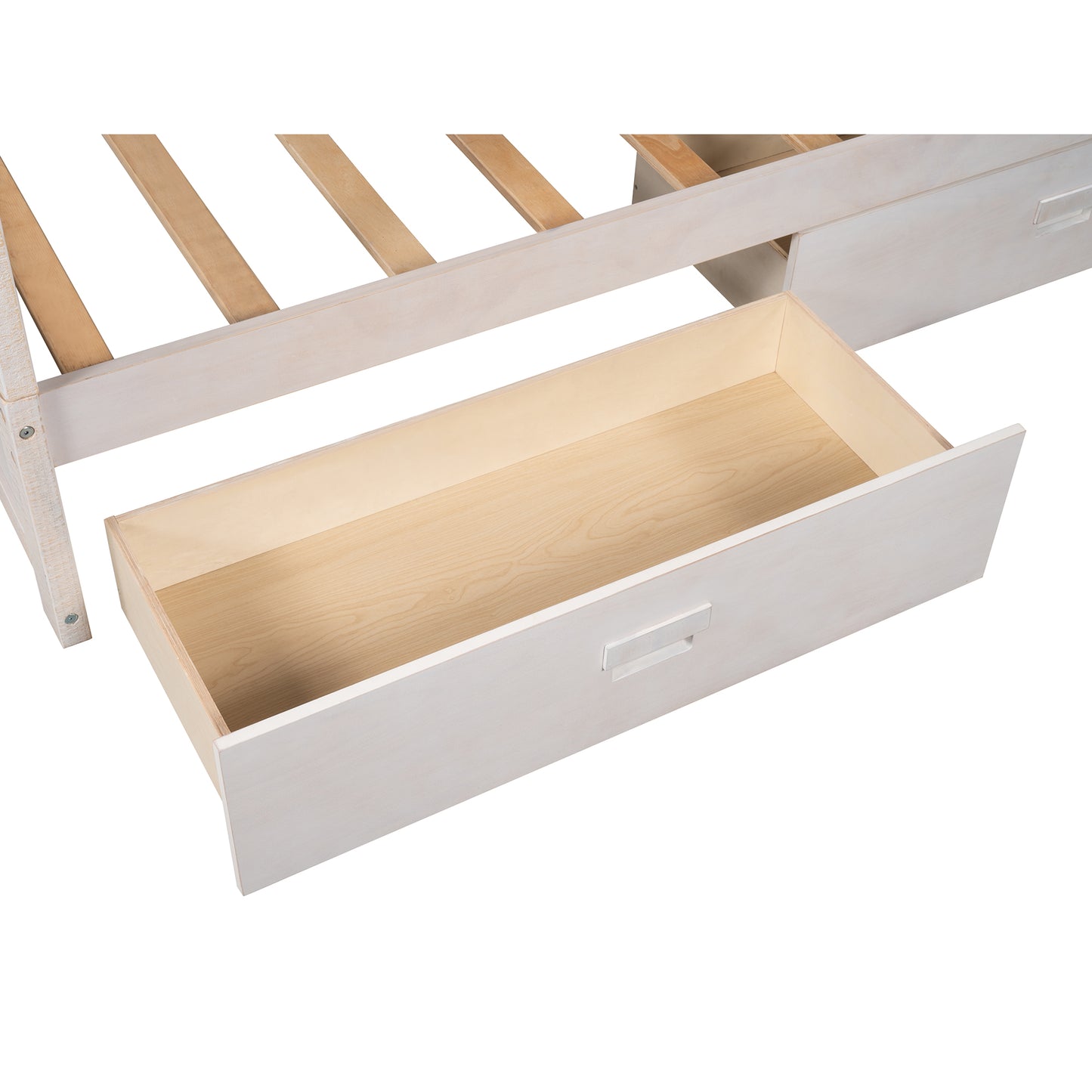Twin Over Twin Bunk Bed with Two Storage Drawers and Slide, House-Shaped Wood Bunk Bed for Kids  Teens, Antique White