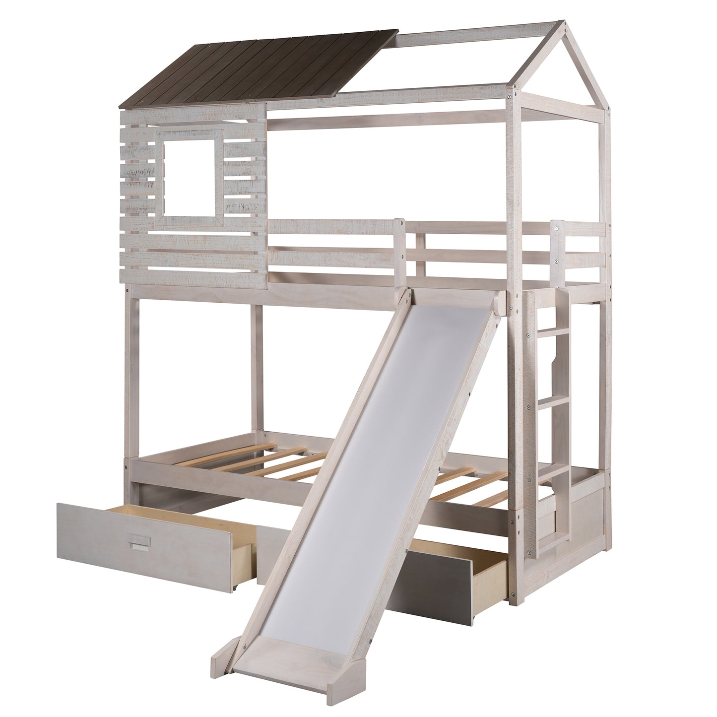 Twin Over Twin Bunk Bed with Two Storage Drawers and Slide, House-Shaped Wood Bunk Bed for Kids  Teens, Antique White