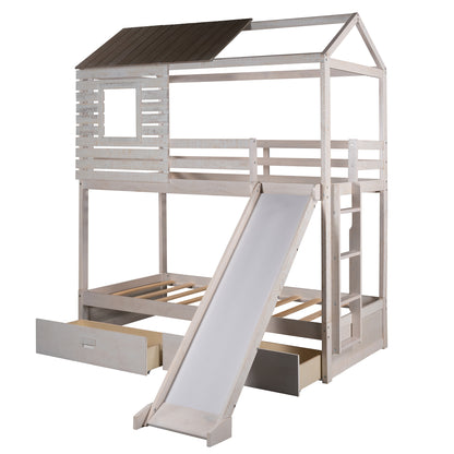 Twin Over Twin Bunk Bed with Two Storage Drawers and Slide, House-Shaped Wood Bunk Bed for Kids  Teens, Antique White