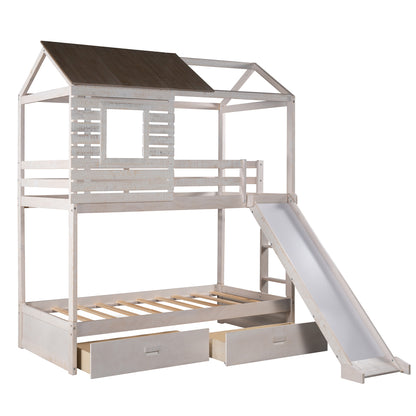 Twin Over Twin Bunk Bed with Two Storage Drawers and Slide, House-Shaped Wood Bunk Bed for Kids  Teens, Antique White