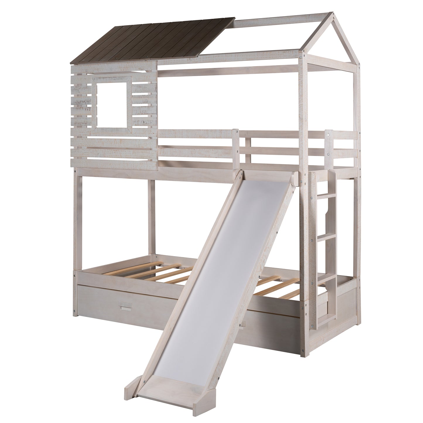 Twin Over Twin Bunk Bed with Two Storage Drawers and Slide, House-Shaped Wood Bunk Bed for Kids  Teens, Antique White