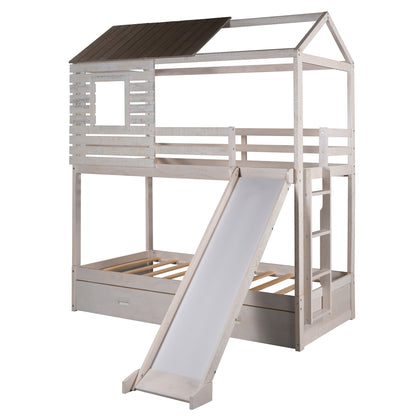 Twin Over Twin Bunk Bed with Two Storage Drawers and Slide, House-Shaped Wood Bunk Bed for Kids  Teens, Antique White