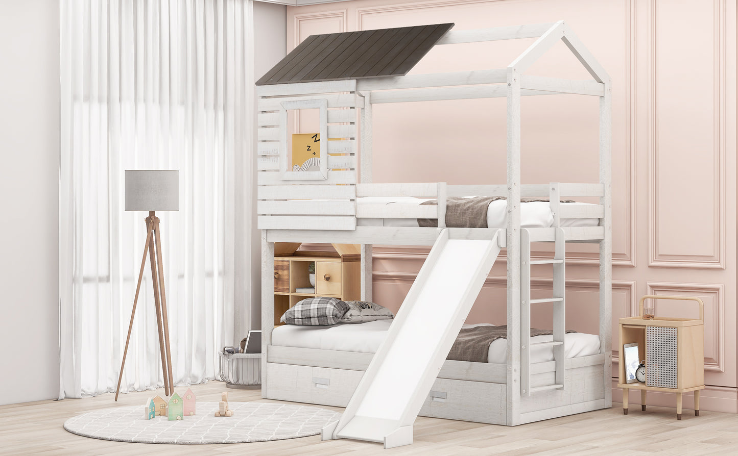 Twin Over Twin Bunk Bed with Two Storage Drawers and Slide, House-Shaped Wood Bunk Bed for Kids  Teens, Antique White