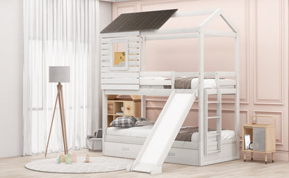 Twin Over Twin Bunk Bed with Two Storage Drawers and Slide, House-Shaped Wood Bunk Bed for Kids  Teens, Antique White