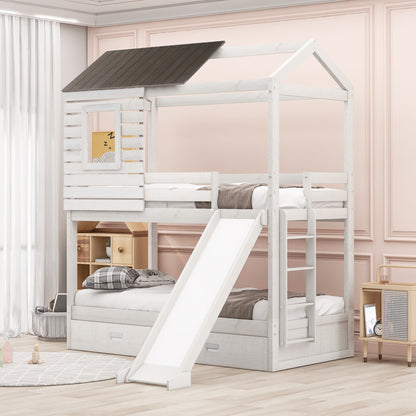 Twin Over Twin Bunk Bed with Two Storage Drawers and Slide, House-Shaped Wood Bunk Bed for Kids  Teens, Antique White
