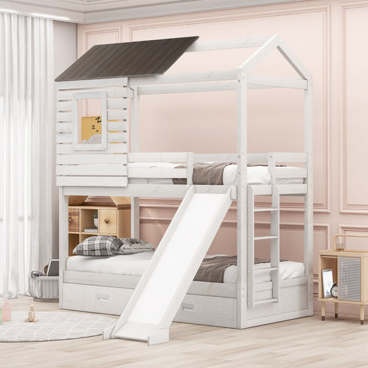 Twin Over Twin Bunk Bed with Two Storage Drawers and Slide, House-Shaped Wood Bunk Bed for Kids  Teens, Antique White