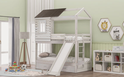 Twin Over Twin Bunk Bed with Two Storage Drawers and Slide, House-Shaped Wood Bunk Bed for Kids  Teens, Antique White