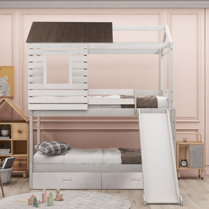 Twin Over Twin Bunk Bed with Two Storage Drawers and Slide, House-Shaped Wood Bunk Bed for Kids  Teens, Antique White