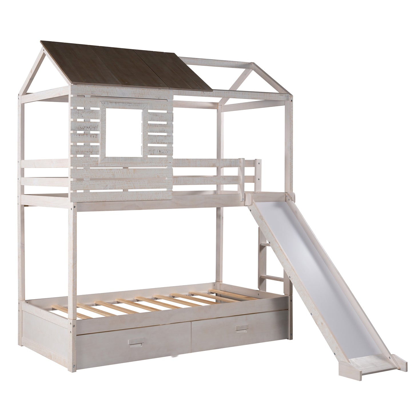Twin Over Twin Bunk Bed with Two Storage Drawers and Slide, House-Shaped Wood Bunk Bed for Kids  Teens, Antique White