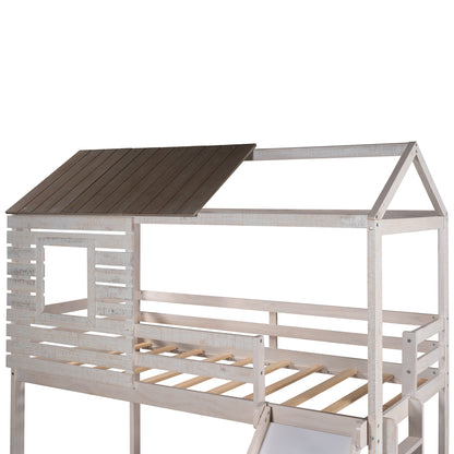 Twin Over Twin Bunk Bed with Two Storage Drawers and Slide, House-Shaped Wood Bunk Bed for Kids  Teens, Antique White