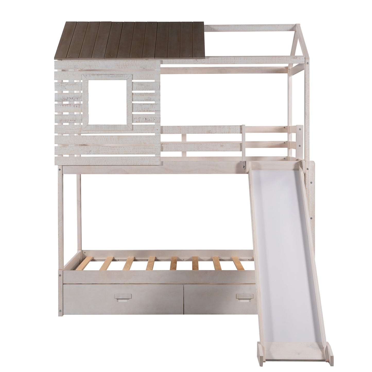 Twin Over Twin Bunk Bed with Two Storage Drawers and Slide, House-Shaped Wood Bunk Bed for Kids  Teens, Antique White