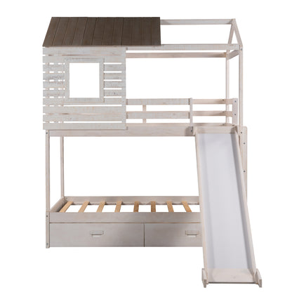 Twin Over Twin Bunk Bed with Two Storage Drawers and Slide, House-Shaped Wood Bunk Bed for Kids  Teens, Antique White