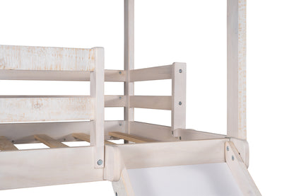 Twin Over Twin Bunk Bed with Two Storage Drawers and Slide, House-Shaped Wood Bunk Bed for Kids  Teens, Antique White