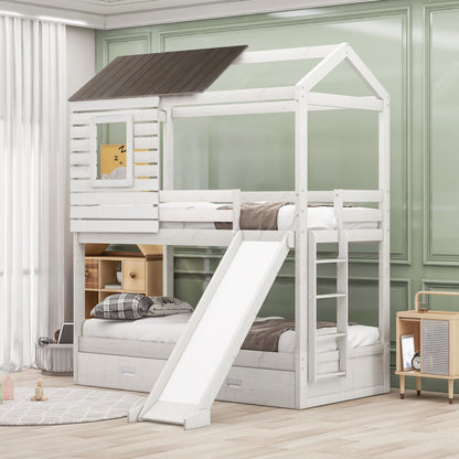 Twin Over Twin Bunk Bed with Two Storage Drawers and Slide, House-Shaped Wood Bunk Bed for Kids  Teens, Antique White