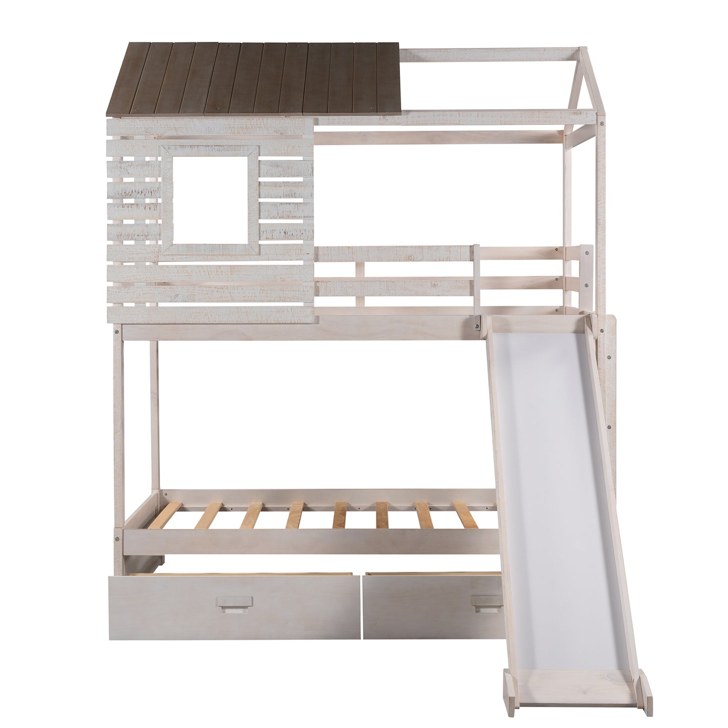 Twin Over Twin Bunk Bed with Two Storage Drawers and Slide, House-Shaped Wood Bunk Bed for Kids  Teens, Antique White