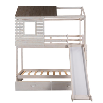 Twin Over Twin Bunk Bed with Two Storage Drawers and Slide, House-Shaped Wood Bunk Bed for Kids  Teens, Antique White