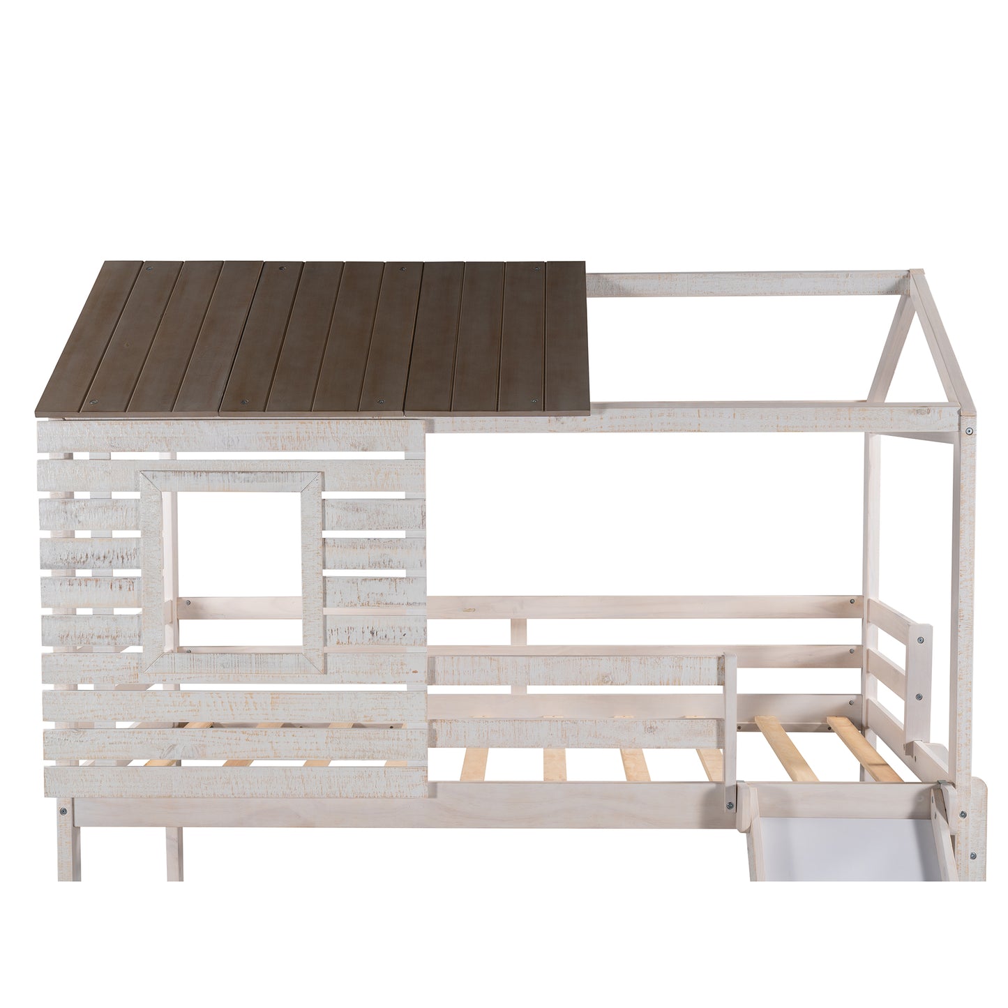 Twin Over Twin Bunk Bed with Two Storage Drawers and Slide, House-Shaped Wood Bunk Bed for Kids  Teens, Antique White