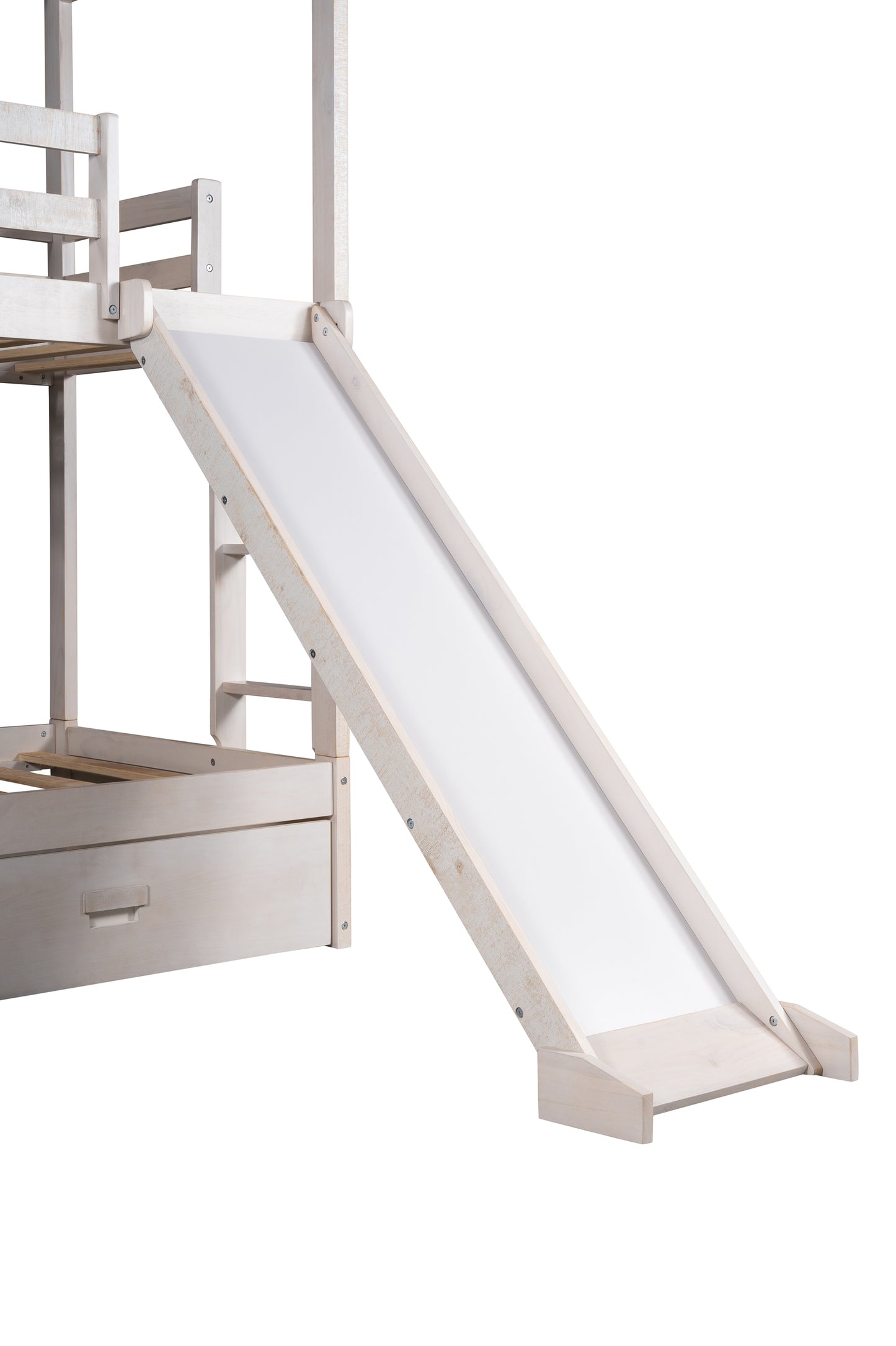 Twin Over Twin Bunk Bed with Two Storage Drawers and Slide, House-Shaped Wood Bunk Bed for Kids  Teens, Antique White