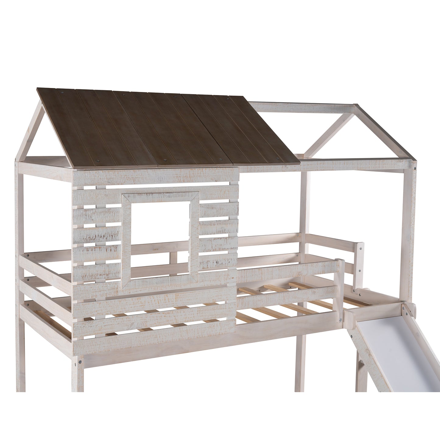 Twin Over Twin Bunk Bed with Two Storage Drawers and Slide, House-Shaped Wood Bunk Bed for Kids  Teens, Antique White
