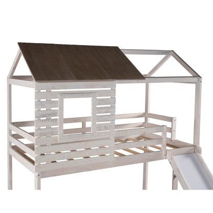 Twin Over Twin Bunk Bed with Two Storage Drawers and Slide, House-Shaped Wood Bunk Bed for Kids  Teens, Antique White