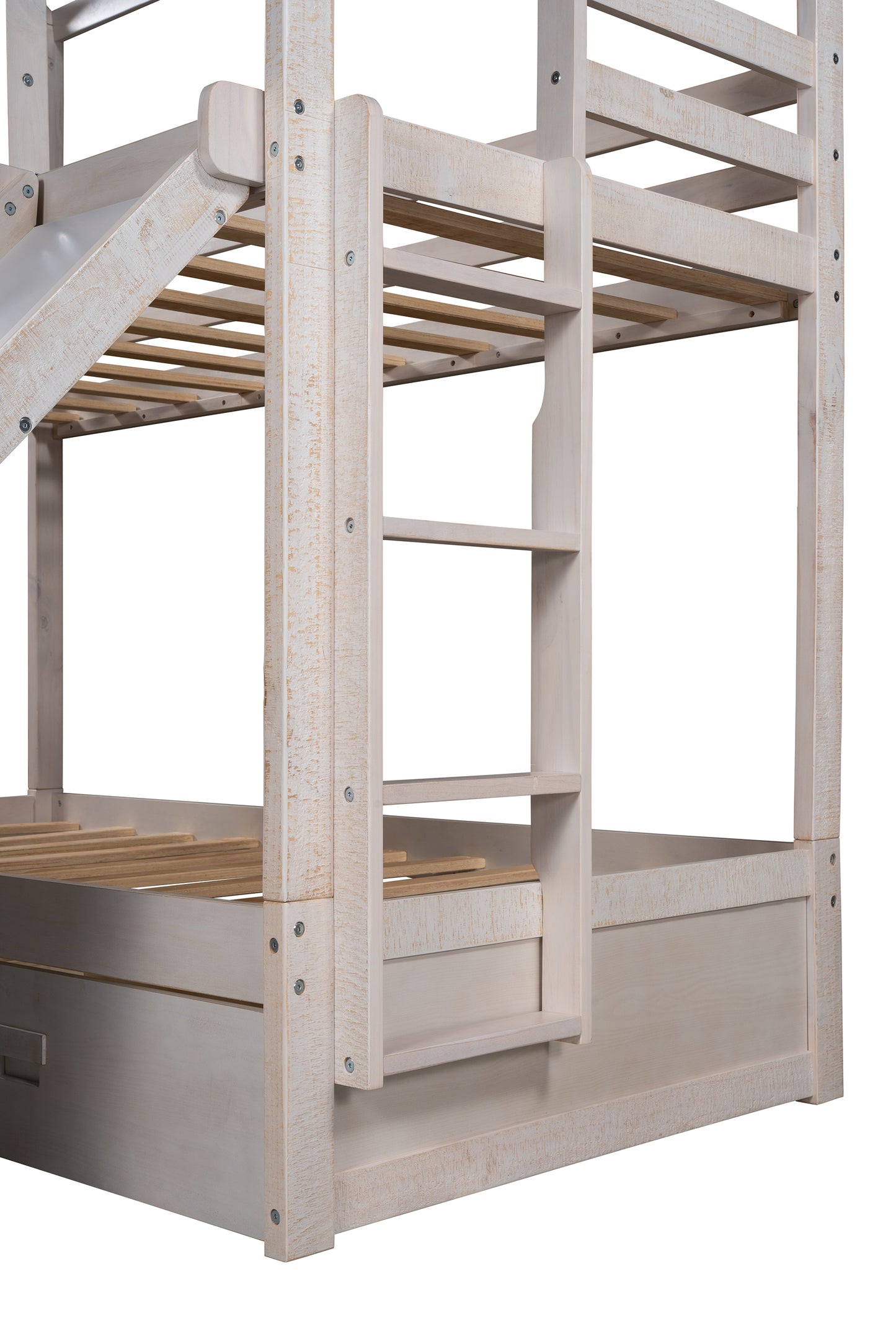 Twin Over Twin Bunk Bed with Two Storage Drawers and Slide, House-Shaped Wood Bunk Bed for Kids  Teens, Antique White