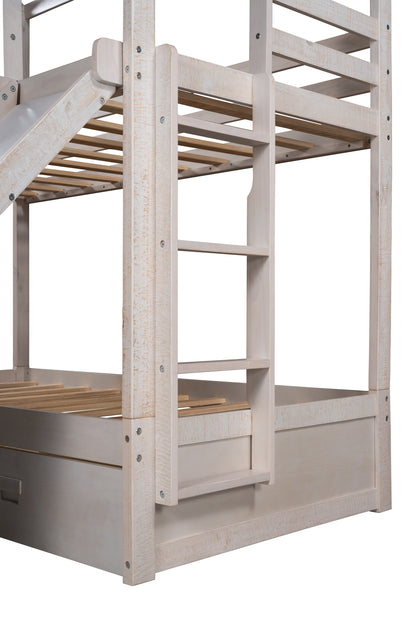 Twin Over Twin Bunk Bed with Two Storage Drawers and Slide, House-Shaped Wood Bunk Bed for Kids  Teens, Antique White