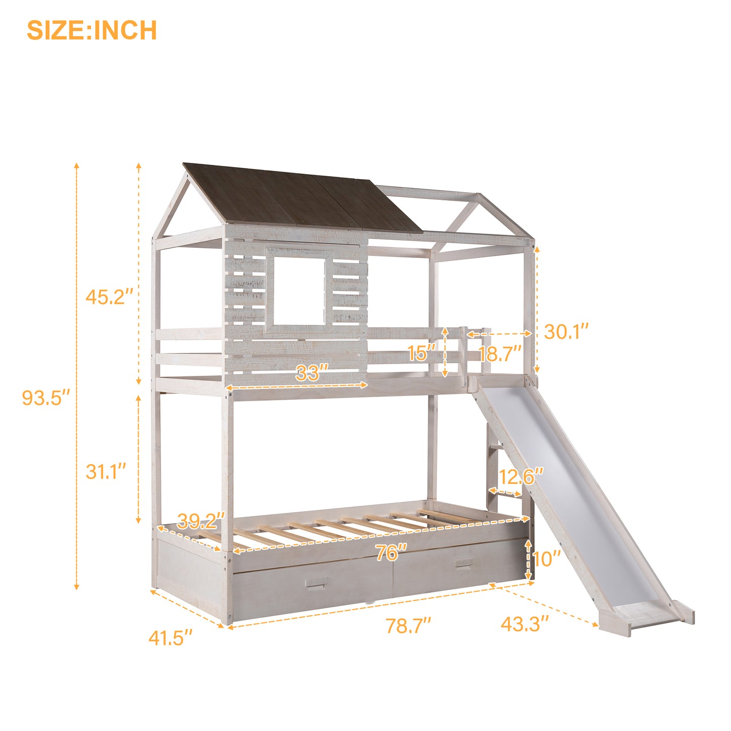 Twin Over Twin Bunk Bed with Two Storage Drawers and Slide, House-Shaped Wood Bunk Bed for Kids  Teens, Antique White