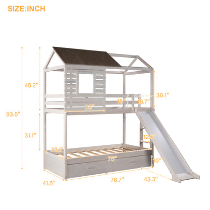 Twin Over Twin Bunk Bed with Two Storage Drawers and Slide, House-Shaped Wood Bunk Bed for Kids  Teens, Antique White