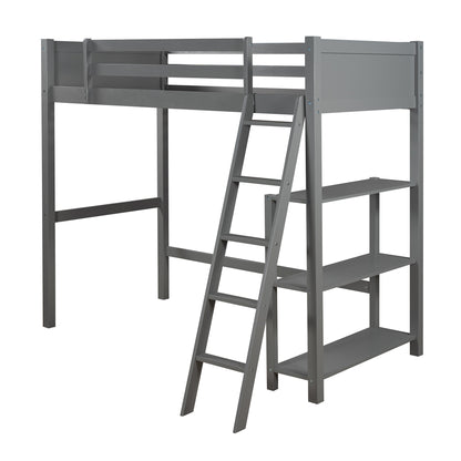 Twin size Loft Bed with Storage Shelves and Ladder-Gray