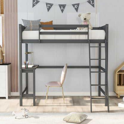 Twin size Loft Bed with Desk and Ladder-Gray