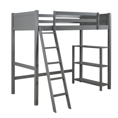 Twin size Loft Bed with Storage Shelves and Ladder-Gray
