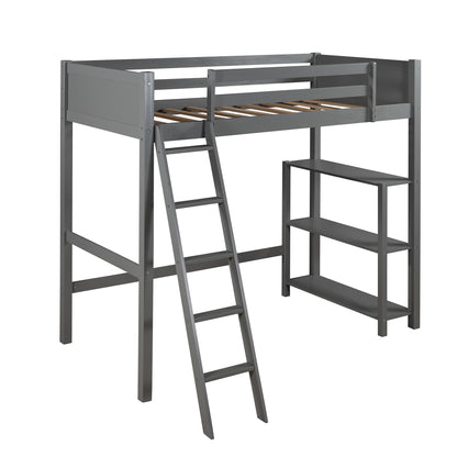 Twin size Loft Bed with Storage Shelves and Ladder-Gray