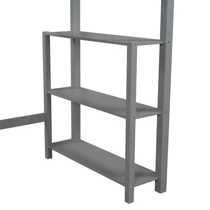 Twin size Loft Bed with Storage Shelves and Ladder-Gray