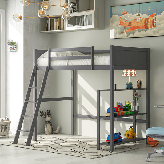 Twin size Loft Bed with Storage Shelves and Ladder-Gray