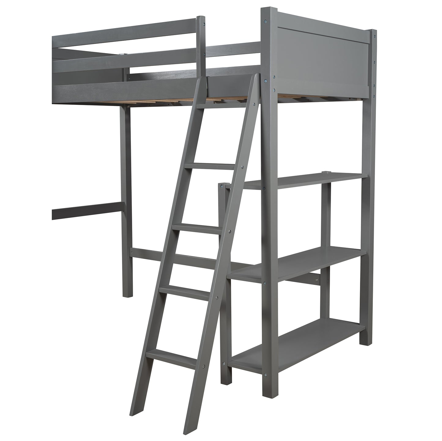 Twin size Loft Bed with Storage Shelves and Ladder-Gray